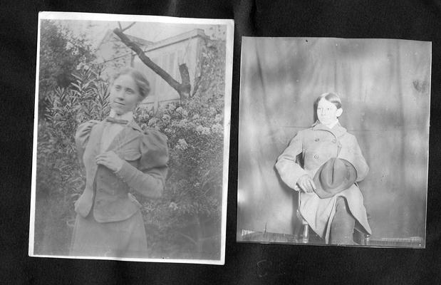 Young woman in garden; Young man seated with a hat on his lap