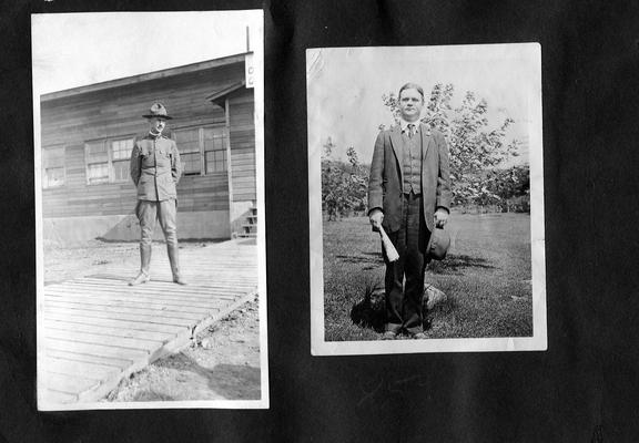 Man in Army uniform in front of barracks; Man with hat in hand