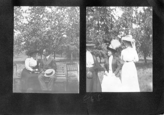 Man and woman seated on a park bench; Three women