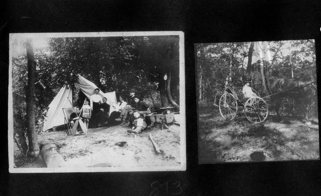 Seven adults and children in front of a tent; Young girl driving a horse-drawn carriage