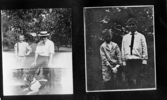 Man, dog and young boy with a rifle; Two young boys with a dog