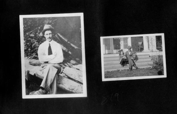 Man seated on a log; Man and young girl on porch steps holding dogs