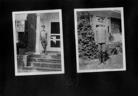 Man in uniform on porch; Man in uniform on lawn