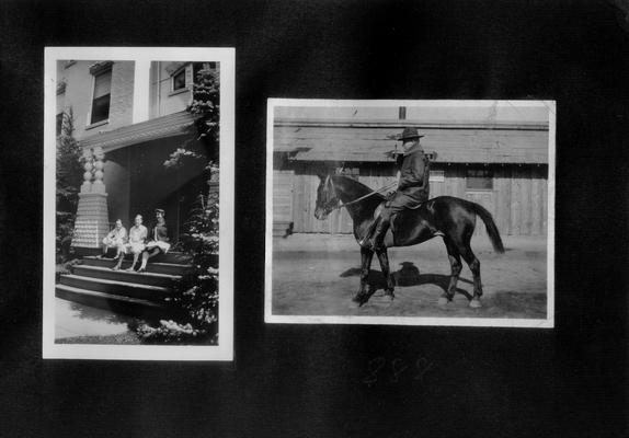Woman, Ned Shelby, and Francis Wilson seated on steps; Samuel M. Wilson on a horse