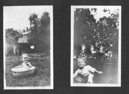 Baby in a tub of water, outdoors (photograph has been colored); Baby seated on grass