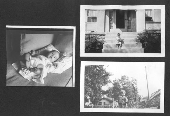 Baby on bed; Young girl seated on steps; Young boy in garden