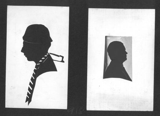 Silhouette of man in cap wearing a tie; Silhouette of man
