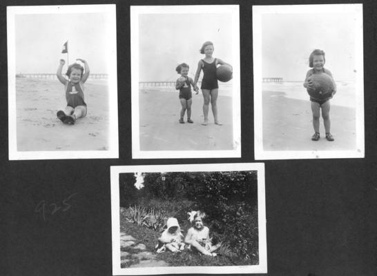 Young girl sitting on beach; Two girls on beach; Young girl with beach ball; Girl and baby sitting on grass