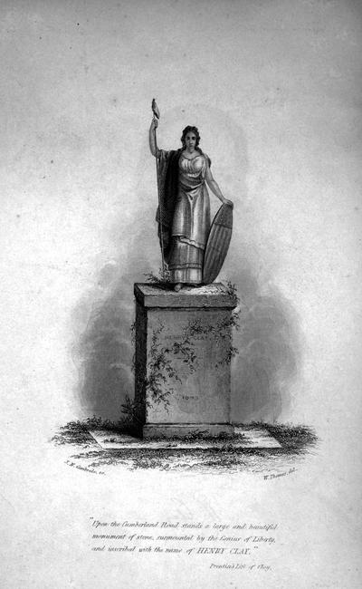 Engraving of monument to Henry Clay. 'Upon the Cumberland Road stands a large and beautiful monument of stone, surrounded by the Genius of Liberty, and inscribed with the name of Henry Clay.' Prentice's Life of Clay. W. Thomas
