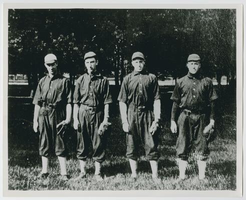 Vinson with three other baseball players, Centre College, negative and print