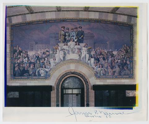 Mural on the site depicting the dedication of the World War I Memorial with five World War I generals perched at its top at Union Station, Kansas City, Missouri in 1921. Photo signed by James P. Norse, Chairman of City Central Executive Committee of the American Legion Posts