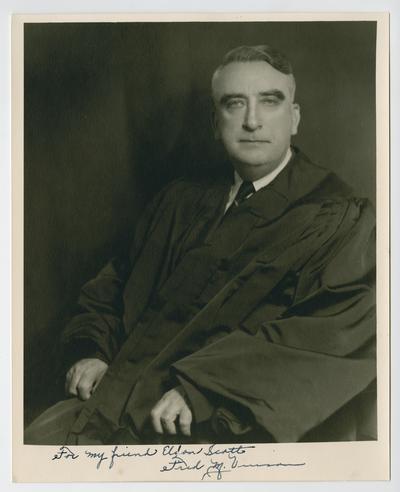 Vinson, judicial portrait, US Court of Appeals for District of Columbia. Inscribed: For my Friend Eldon Scott, Fred M. Vinson