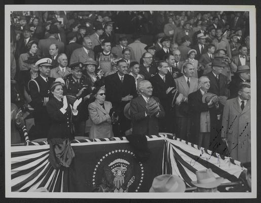 President Truman and Chief Justice Vinson at opening baseball game, Griffith Stadium