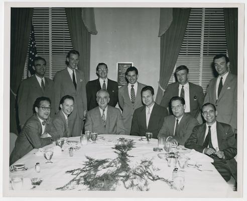 Dinner given to Chief Justice Vinson by law clerks. Front row, left to right: David Feller, Willard Pedrick, Chief Justice, Karl Price, Francis Allen, Lawrence Ebb. Second row, left to right: Ike Groner, Art Seder, Newton Minow, Murray Schwartz, Wilbur Lester, and Howard Trienens