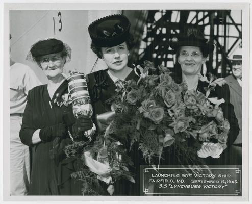 Page 6 of 38, Mrs. Vinson, roses and decorated champagne bottle in hand, with two unidentified women