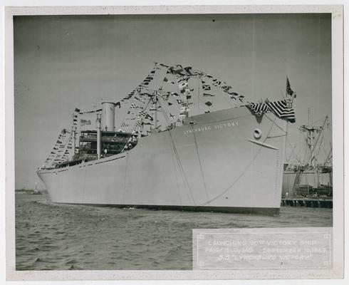 Page 20 of 38, low level starboard bow shot of the S.S. Lynchburg Victory after launching