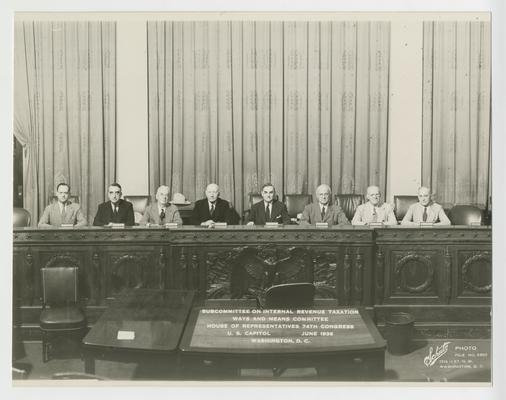 House Ways and Means Subcommittee on Internal Revenue Taxation. Left to right: Jere Cooper, Vinson, Thomas Cullen, R.L. Doughton, Knute Hill, Allen Treadway, Frank Crowther, and Roy Woodruff