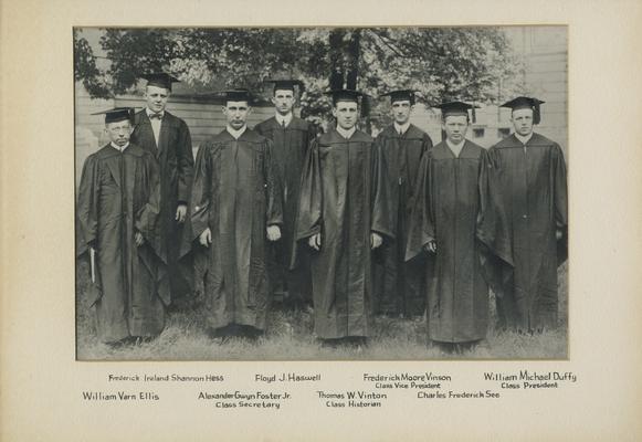 Vinson's graduating class at Old Centre Law School. Left to right: Frederick Ireland, Shannon Hess, Floyd J. Haswell, Vinson, William Michael Duffy, William Varn Ellis, Alexander Foster, Jr., Thomas W. Vinson, and Charles Frederick See