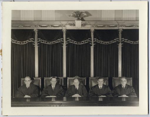 US Court of Appeals for the District of Columbia. Left to right: Justice Henry W. Edgerton, Justice Harold W. Stephens, Justice S. Lawrence Groner, Justice Justin Miller, and Justice Vinson