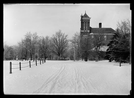 Snow scene, north on driveway, Barker Hall to right