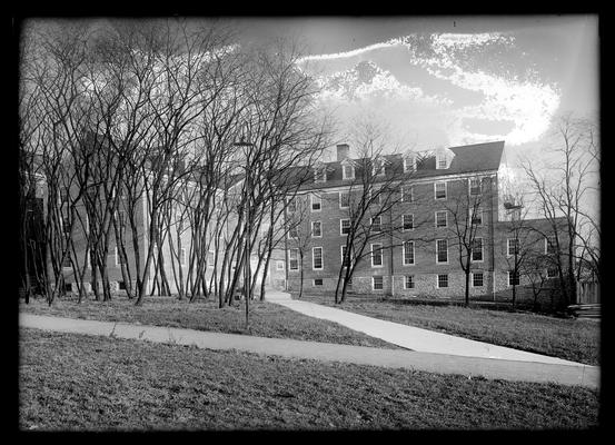 Boyd Hall, winter scene, showing joining of walks to Patterson Hall