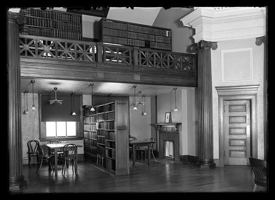 Library, Carnegie Library, interior showing book shelves in balcony
