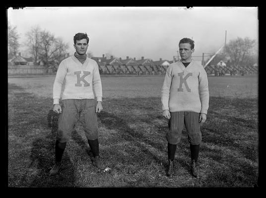 Football players, left: Dick Webb, captain and center, right: Bryan Shanklin, left halfback