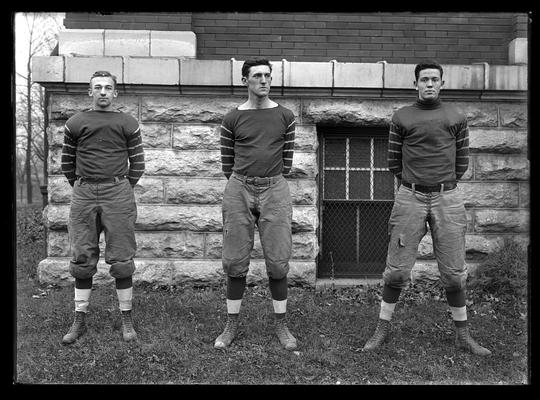 Three football players: Paul Hite, right halfback; William C. Harrison, captain and tackle; Harry N. Woodson, guard