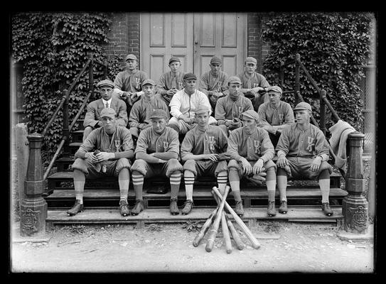 Baseball team of 1912 on steps of Administration Building (Main Building)
