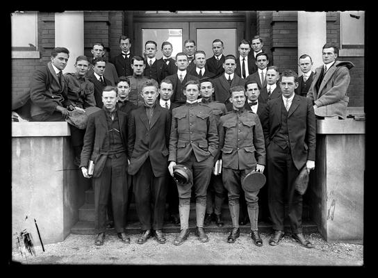 Kentucky Mining Society group of men on Norwood Hall steps, five in front row, two in military uniform