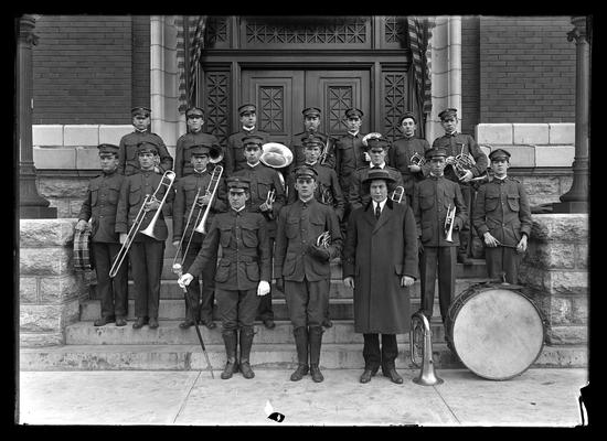 Battalion band, director with busy hair, hat