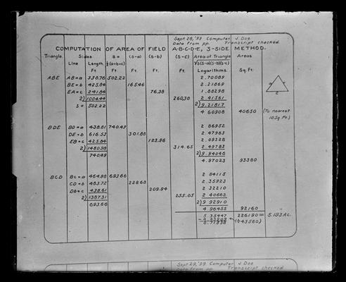 Composition of area of field A, B, C, D, E, 3-side method, computer J. Doe, September 28, 1899