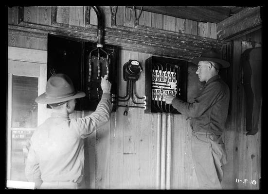 Electrical shop, fuse boxes, two men, hats on