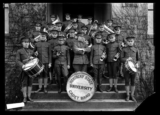 Cadet band on steps, Buell Armory or Barker Hall