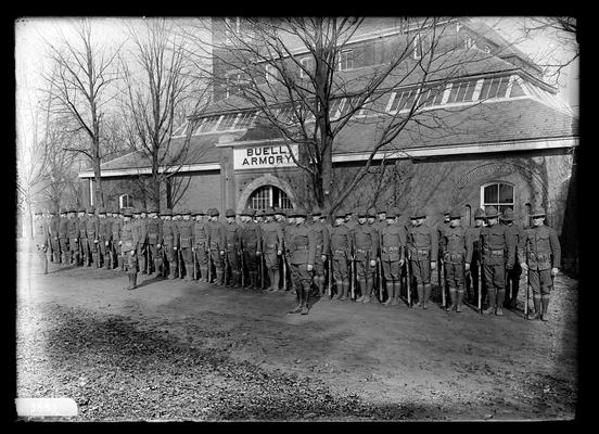 Company D by side of Buell Armory, Captain D.C. Carson