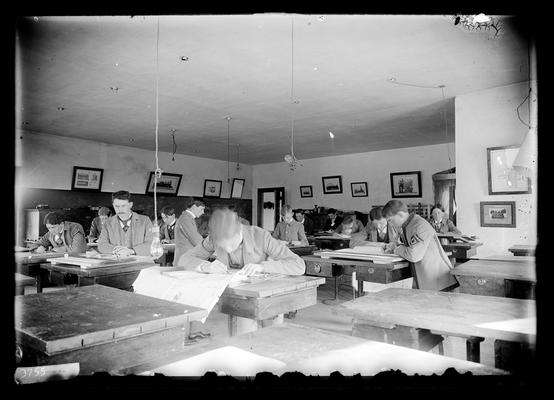 Notation Drawing Room for Civil Engineers, April 21, 1898, students and professor with mustache, note cadet uniforms