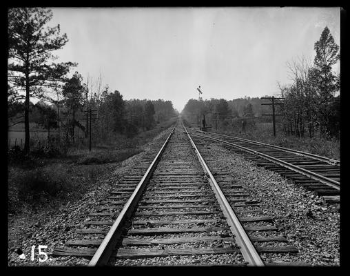 Railroad tracks, double track in foreground, switch