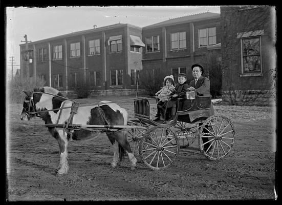 Pony cart, man and two children on campus