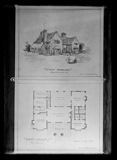 Twin gables, perspective and architect's drawing, copy