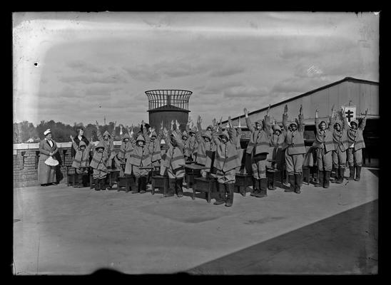 Lincoln School, health exercises on roof, winter time