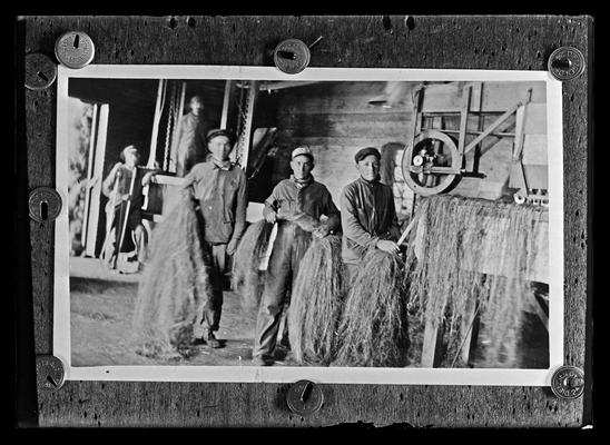 Hemp hackling machine, five men, copy