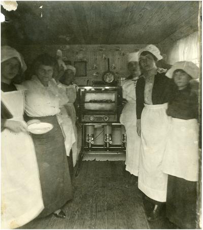 Cave Spring students, Rose Wurtele and Nannie Faulconer (1865?-1940) stand before and oven in the school kitchen. Handwritten on verso of 12b Cave Spring. Hot lunch in a coal house kitchen. Miss Rose Wurtele. (Three copies)