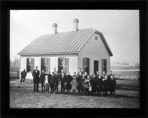 Students outside Walnut Hill School, [Fairview], with teacher Mr. Ernest Crystal