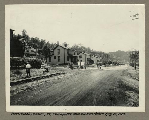 Title handwritten on photograph mounting: Main Street, Jenkins, Kentucky, looking West from Elkhorn Hotel