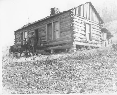 WPA Packhorse librarian visits isolated mountain house, carrying books in saddle bags and home-made hickory baskets