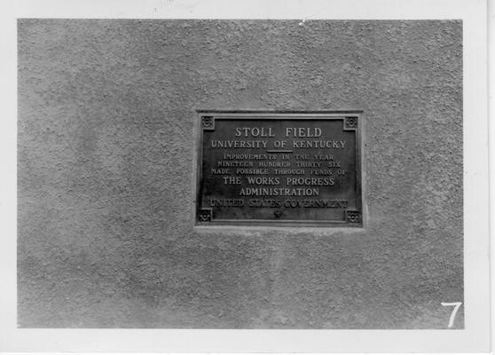 Plaque in fence build around Stoll Field by WPA at the University of Kentucky