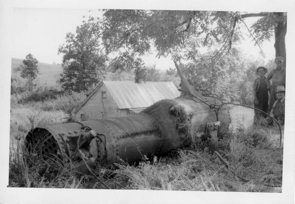 Scrap collected by WPA, October, 1942.  Close up of steel boiler in Hancock Co.  Lots of good scrap here