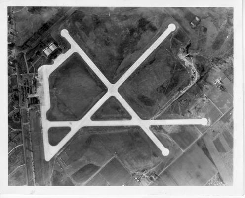 Aerial view of Bowman Field prior to extension of runway and addition of parking area, 1940