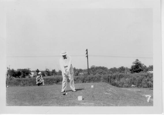 Bob Brown driving from #3 Tee at Dedication of Noble Park Golf Course, May 16, 1940