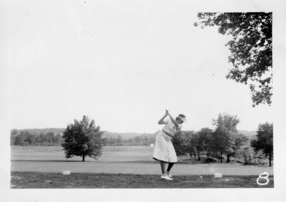 Dedication of Noble Park Golf Course, May 16, 1940. Mily driving from #12 Tee, 3-par hole with Green in the background